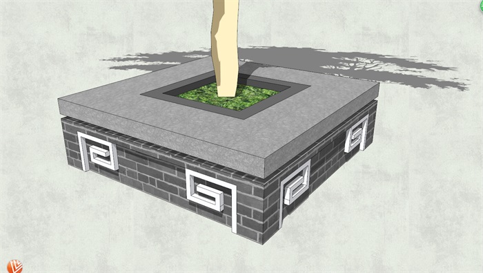 中式风格灰砖装饰方形树池SU模型