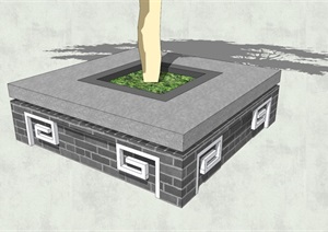 中式风格灰砖装饰方形树池SU(草图大师)模型