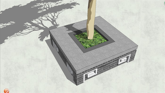 中式风格灰砖装饰方形树池SU模型