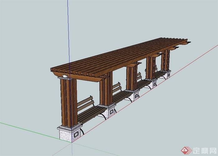 欧式风格详细的木质廊架坐凳设计su模型