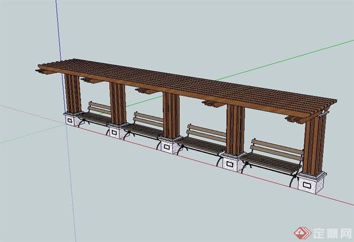 欧式风格详细的木质廊架坐凳设计su模型