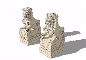 中式石狮子雕塑小品素材SU(草图大师)模型