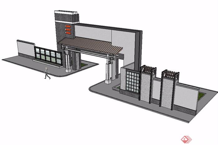 中式详细中心大门su模型