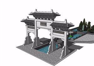 中式牌坊中心大门设计SU(草图大师)模型
