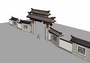 古典中式风格中心景墙大门SU(草图大师)模型