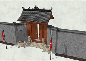 中式风格民居小院大门详细建筑设计SU(草图大师)模型