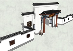 徽派中式民居小院大门详细建筑设计SU(草图大师)模型