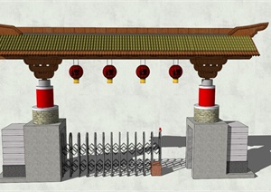 中式现代风格大门建筑设计SU(草图大师)模型