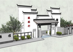 中式风格叠式屋檐大门详细建筑设计SU(草图大师)模型