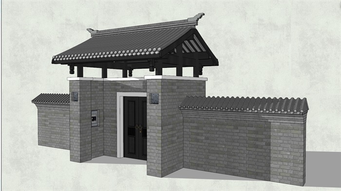 中式风格灰砖墙、坡面屋檐大门详细建筑设计SU模型