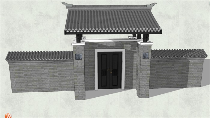 中式风格灰砖墙、坡面屋檐大门详细建筑设计SU模型