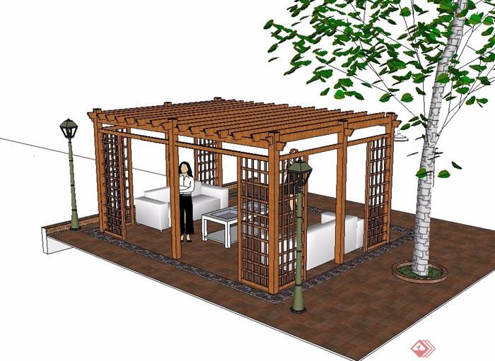 东南亚全木质廊架su模型