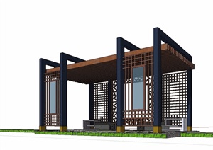 中式风格详细的庭院廊架SU(草图大师)模型