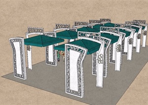 中式详细完整的廊架素材SU(草图大师)模型