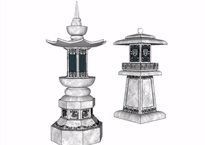古典中式风格两个石灯塔设计SU(草图大师)模型
