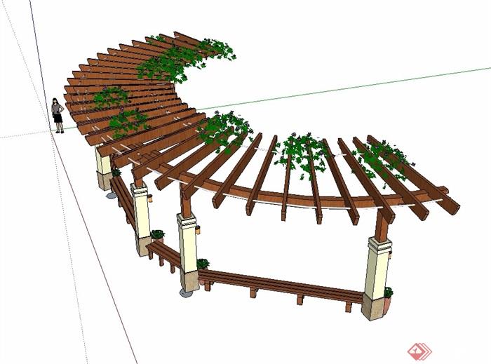 欧式弧形木质廊架su模型