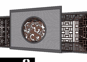 新中式景墙及廊架设计SU(草图大师)模型