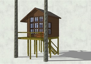 野外生存高台小木屋设计SU(草图大师)模型