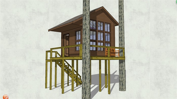 野外生存高台小木屋设计SU模型