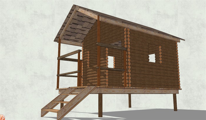 底层架空圆木墙面小木屋设计SU模型