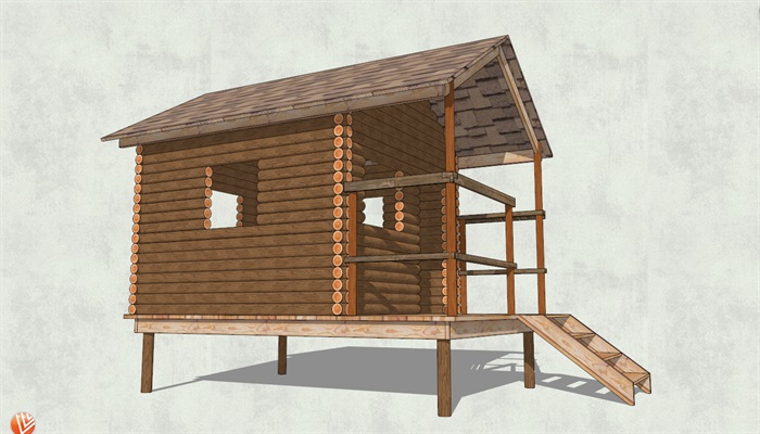 底层架空圆木墙面小木屋设计SU模型