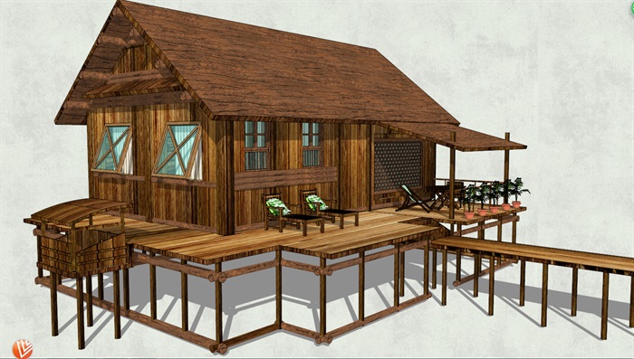湖中中式小木屋设计SU模型
