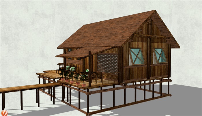 湖中中式小木屋设计SU模型