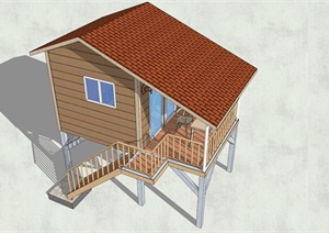 底层架空木板条墙面小木屋设计SU(草图大师)模型
