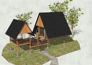底层架空小憩房和居住房合理布局小木屋设计SU(草图大师)模型