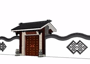 古典风格垂花门及围墙设计SU(草图大师)模型