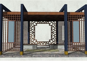 木条方格装饰新中式风格廊架SU(草图大师)模型
