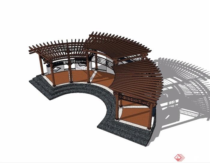 新中式廊架木质设计su模型