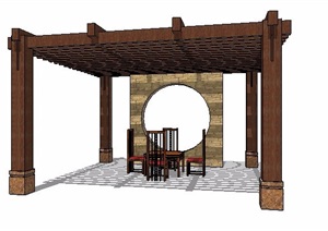 新中式廊架及木桌椅组合SU(草图大师)模型