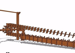 某木制长形水车设计SU(草图大师)模型