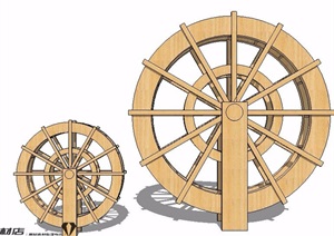 大小木制水车设计SU(草图大师)模型