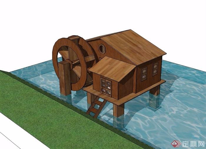 中式木质水车小品su模型