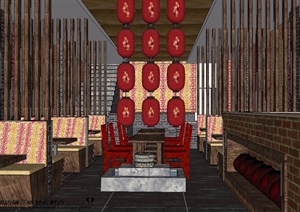 中式风格详细餐厅素材设计SU(草图大师)模型
