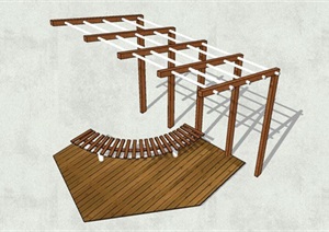 木制单边廊架+弧形坐凳SU(草图大师)模型