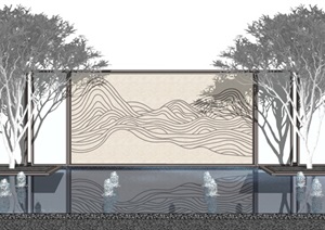 新中式禅意山水景墙素材设计SU(草图大师)模型