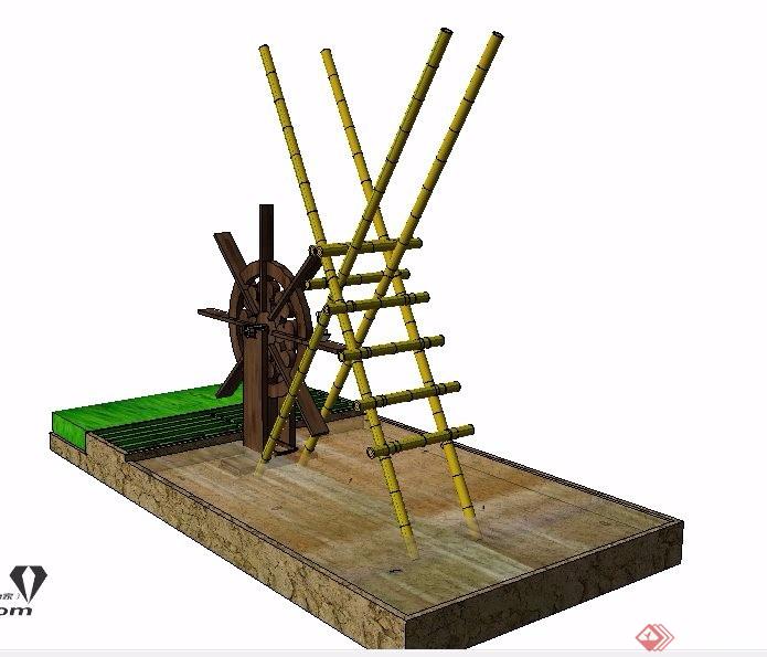 木制水车素材su模型