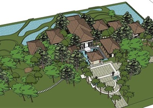 东南亚式坡屋顶山地温泉度假休闲旅游村建筑设计SU(草图大师)模型