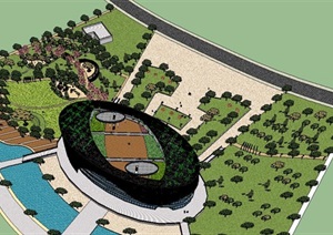 中式镂空金属表皮椭圆形屋顶绿化平台会议会展中心建筑设计SU(草图大师)模型