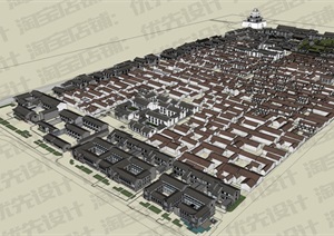 大型仿古旅游居住城镇建筑规划师设计SU(草图大师)模型