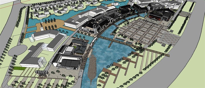 新中式滨水弧线形商业街整体规划设计模型(1)