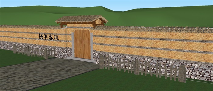 一个乡村风格围墙与大门ＳＵ模型(1)
