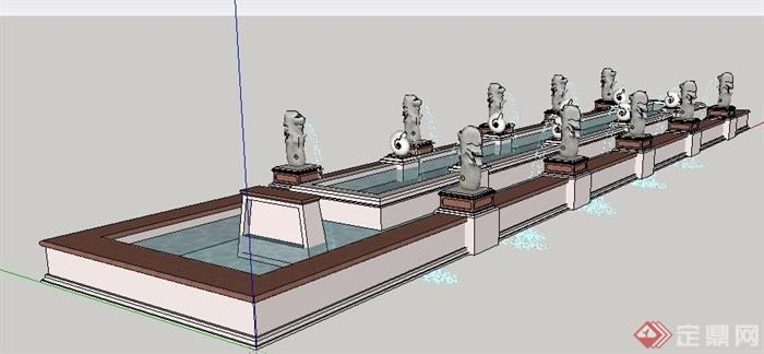 长形喷泉水池设计su模型