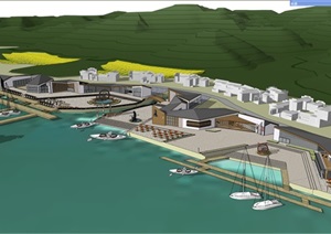 滨水码头新中式折板屋顶木格栅活动商业中心SU(草图大师)模型