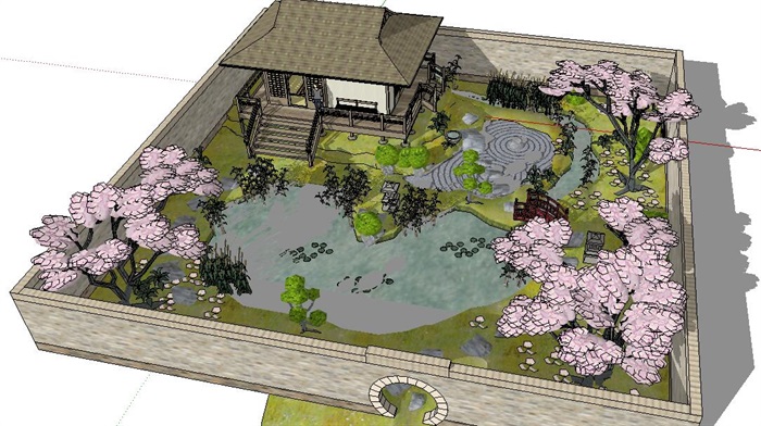 日式禅意茶室枯山水式水景庭院景观设计su模型