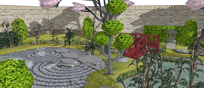 日式禅意茶室枯山水式水景庭院景观设计su模型