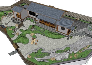 日式茶室枯山水庭院景观设计SU(草图大师)模型含建筑